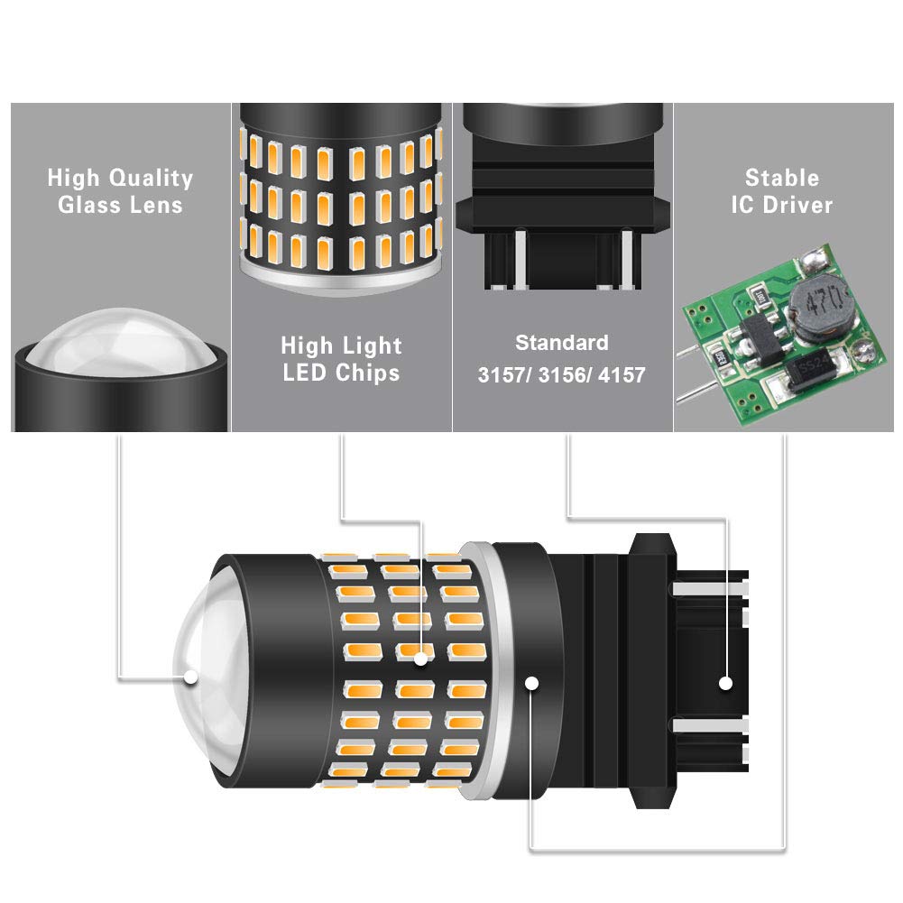 Amber 3157 3156 3057 4157 LED Bulbs - 1800LM High Brightness, 3014 SMD Chipsets with Lens Projector - Compatible with Turn Signal Lights, Side Marker Lights, Backup Lights - 12-24V DC (Pack of 2) - Perfect for Cars, Trucks, SUVs and Motorcycles