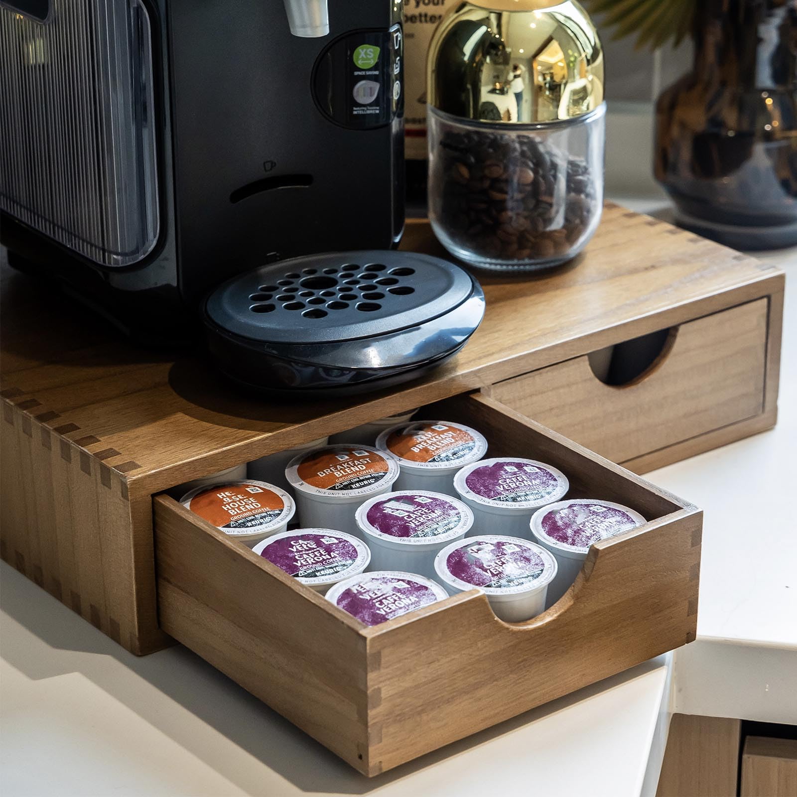 Wooden K Cup Organizer - 30 Pod Capacity Coffee Pod Storage Box & Tea Organizer Drawer for Keurig Brewer - Perfect for Kitchen Countertop, Office Breakroom, and Coffee Station Organization