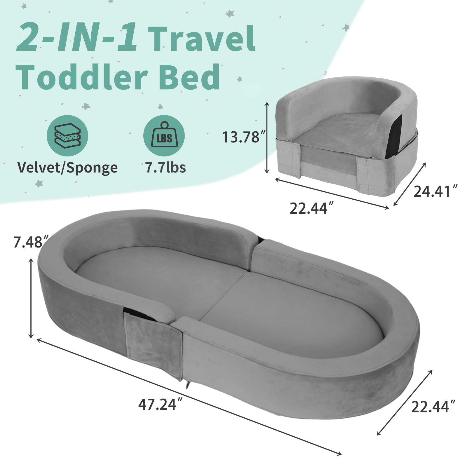 2-in-1 Toddler Travel Bed & Chair - Portable Foldable Baby Bed for Kids 18 Months to 6 Years - Removable Washable Cover (Gray) - Perfect for Camping, Airplane Travel & Sleepovers