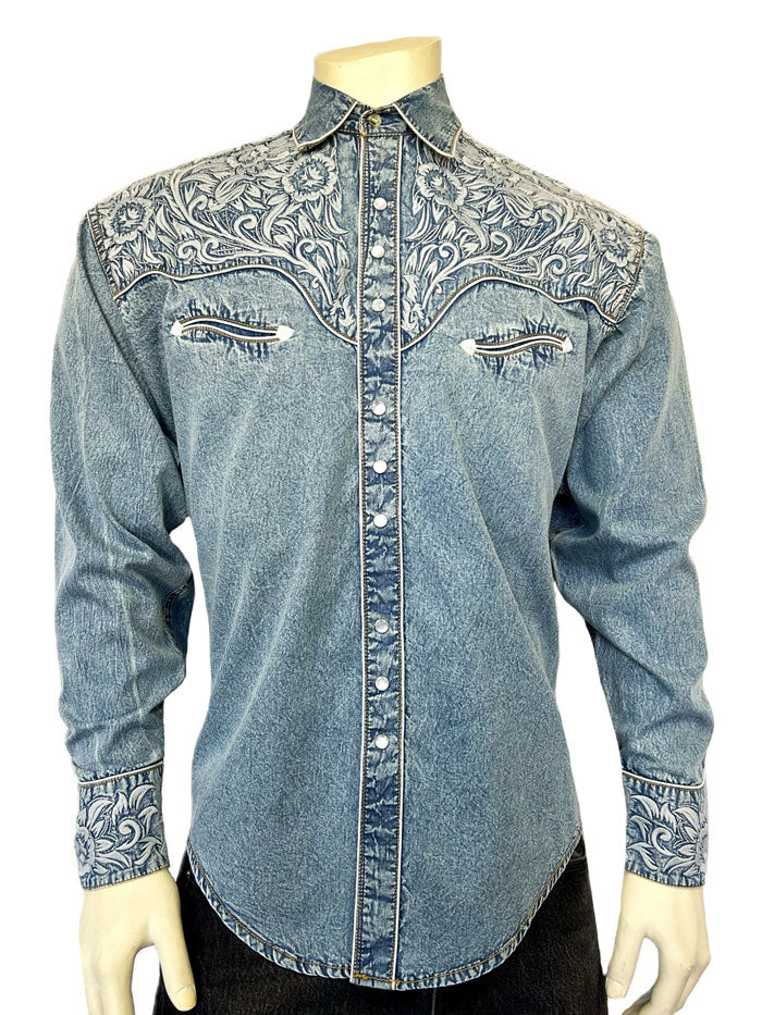 Rockmount 6859 DBLU Vintage Tooling Embroidered Western Shirt for Men - Denim Blue Western Wear for Rodeo, Country Music & Casual Outfits