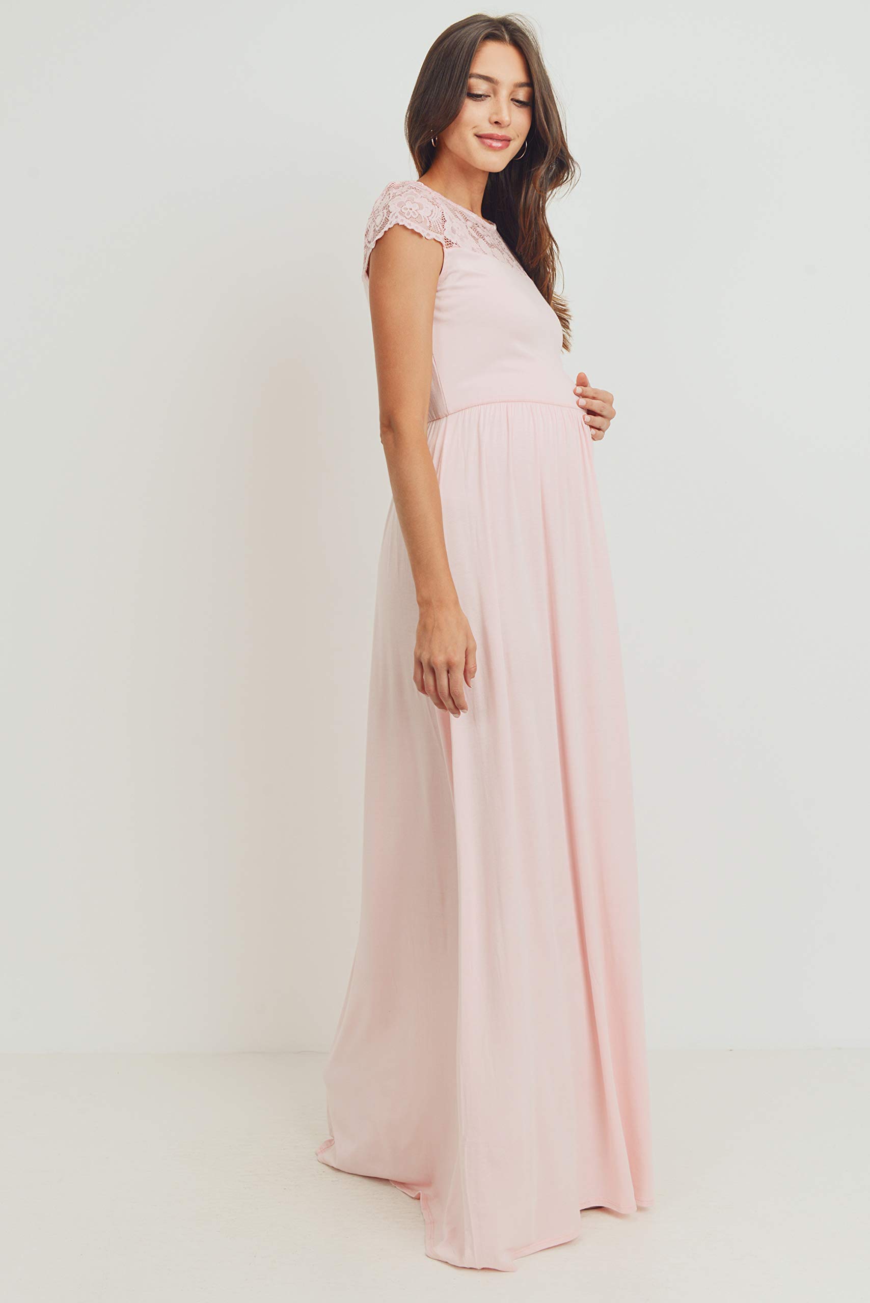 HELLO MIZ Women's Floral Maternity Maxi Dress with Lace Yoke - Comfortable Pregnancy Dress for Baby Shower, Maternity Photo Shoot & Summer Vacation