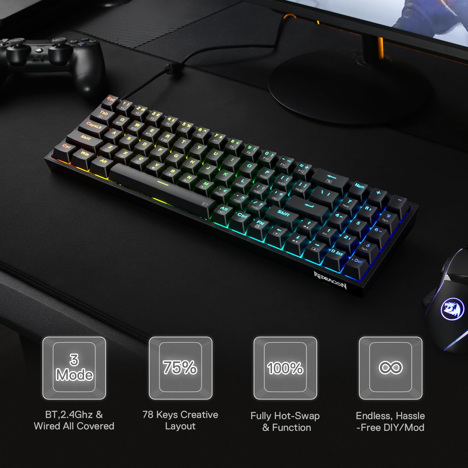 Redragon S136 Wireless Gaming Keyboard & Mouse Combo - 75% K628 Tri-Mode RGB Mechanical Keyboard with 7200 DPI Wireless Gaming Mouse, Shared USB Dongle | Perfect for PC Gaming, Esports & Home Office Setup