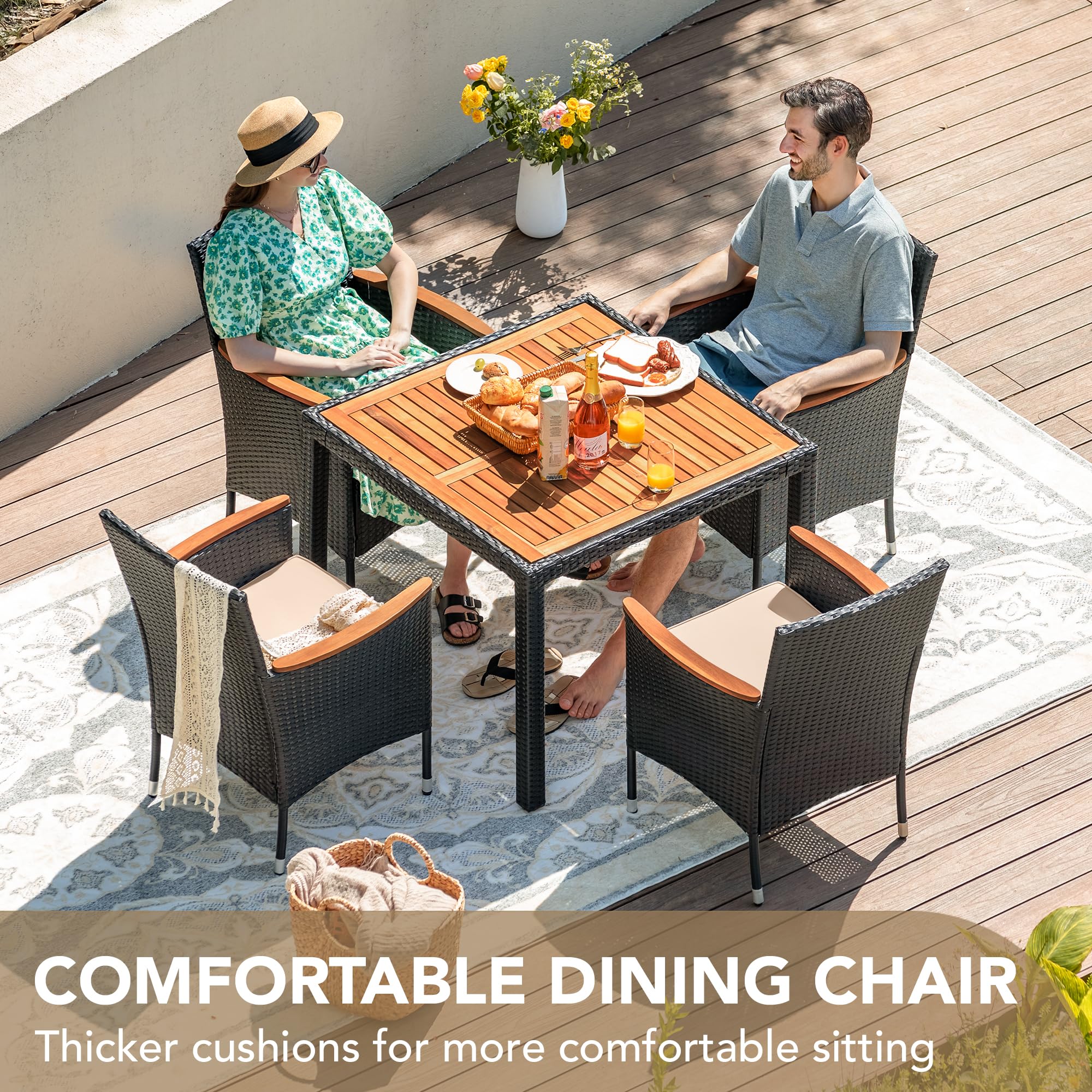 Devoko 5-Piece Outdoor Patio Furniture Set - Acacia Wood Top & Rattan Dining Table with Chairs for Backyard, Garden, Deck - Black | Perfect for Outdoor Entertaining, BBQ Parties, and Relaxing in Your Yard