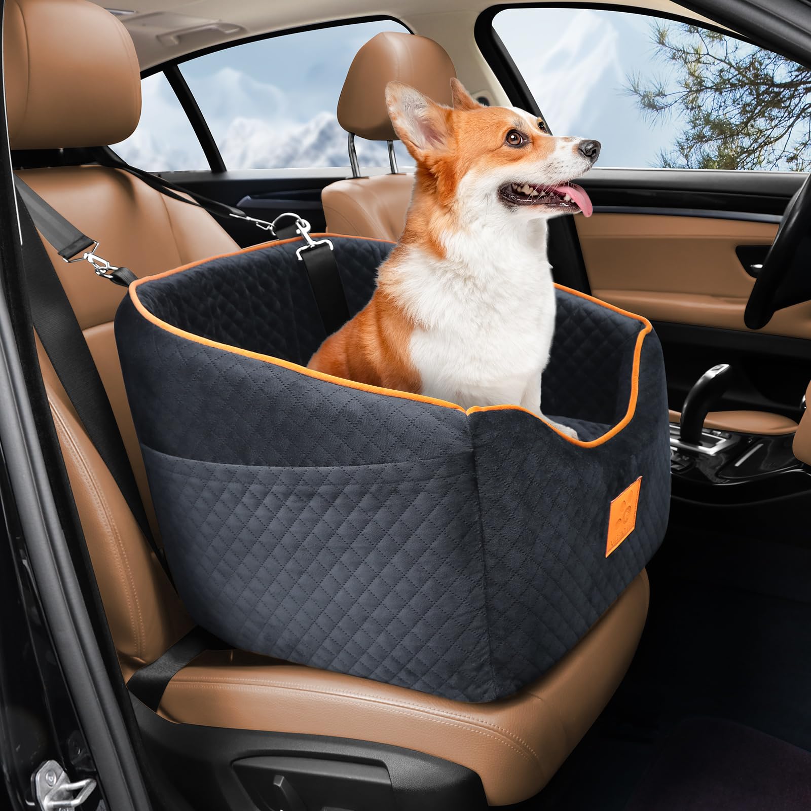 Premium Memory Foam Dog Car Seat for Small Dogs up to 35 lbs - Washable & Removable Cover with Storage Pockets - Safe Elevated Pet Booster Seat for Cars (Black) - Perfect for Road Trips, Vet Visits & Daily Commutes