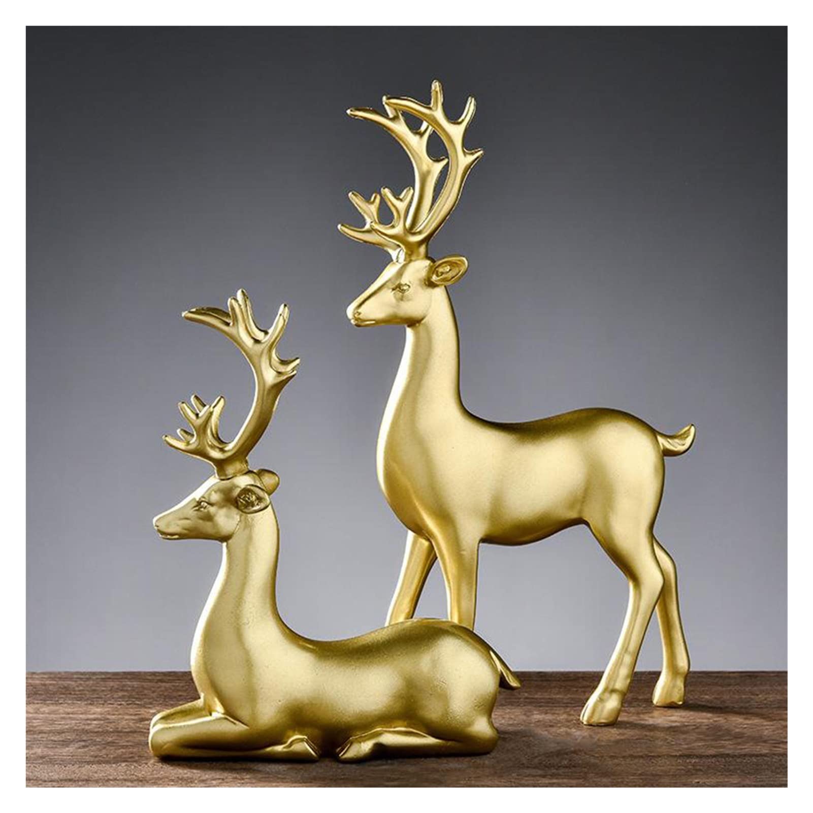 Golden Elk Deer Resin Sculptures - 1 Pair Handcrafted Home Decor Statues for Table, Shelf & Mantel | Perfect for Living Room, Office & Cabin Decorations