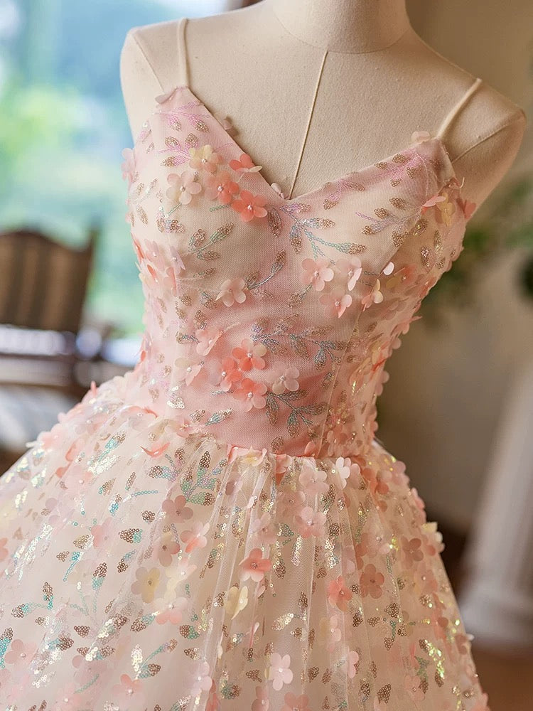 Elegant A-Line V-Neck Floral Lace Tea-Length Pink Prom Dress for Formal Events - Perfect for Homecoming, Dances & Special Occasions