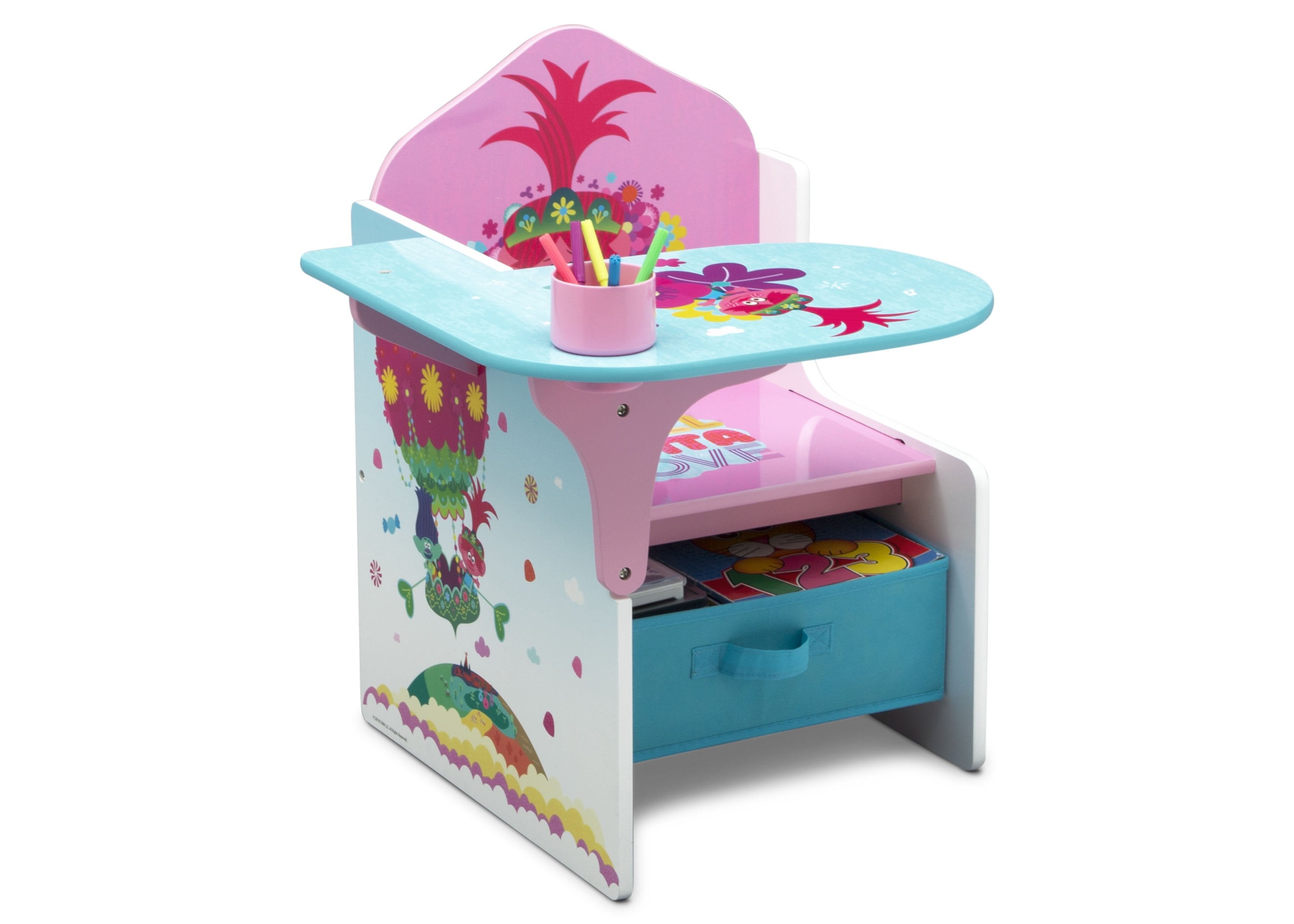 Trolls World Tour Kids Chair with Storage Desk - Portable Study Table for Children's Room, Playroom, and Classroom - Perfect for Reading, Drawing, and Homework
