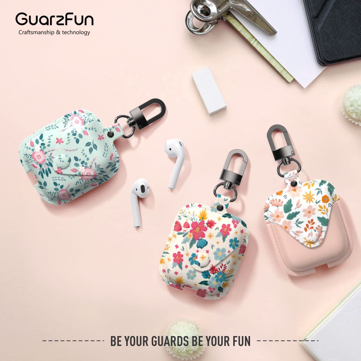 GuarzFun Leather AirPods 1&2 Case with Keychain - Yellow for Women | Travel & Daily Use