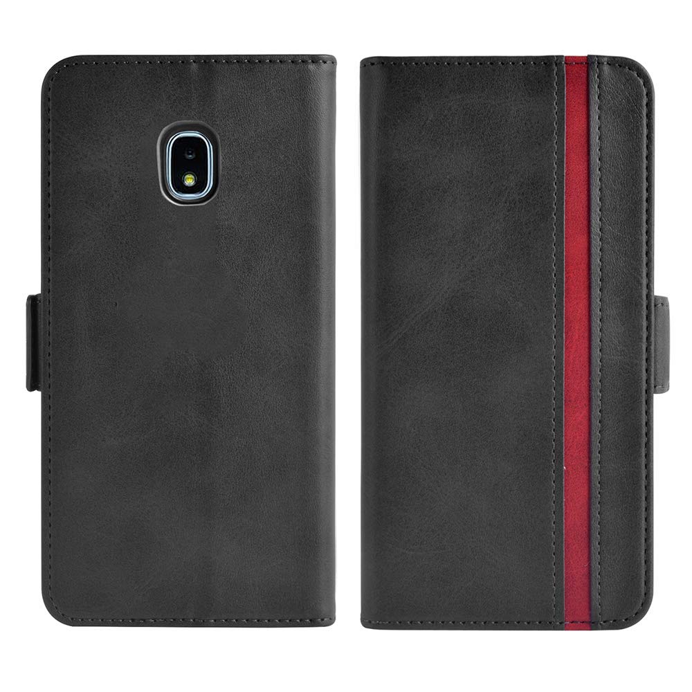 Premium Leather Wallet Phone Case for Samsung Galaxy J7 Star/J7 Refine/J7 2018 (J737V) with Tempered Glass Screen Protector & Card Holder - Full Body Flip Folio Cover for Men & Women (Black) - Perfect for Daily Use, Travel, and Business Meetings