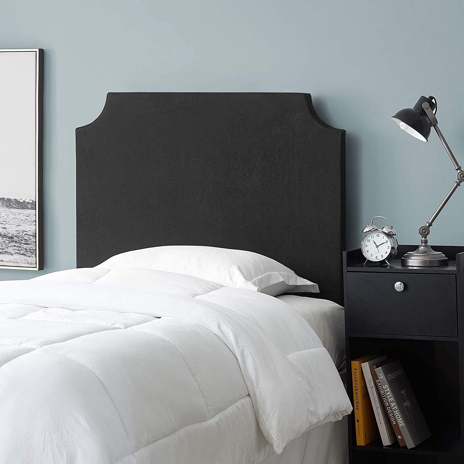 Modern Black Microfiber Textured Headboard - Contemporary Bedroom Decor for College Dorm, Apartment & Home Use