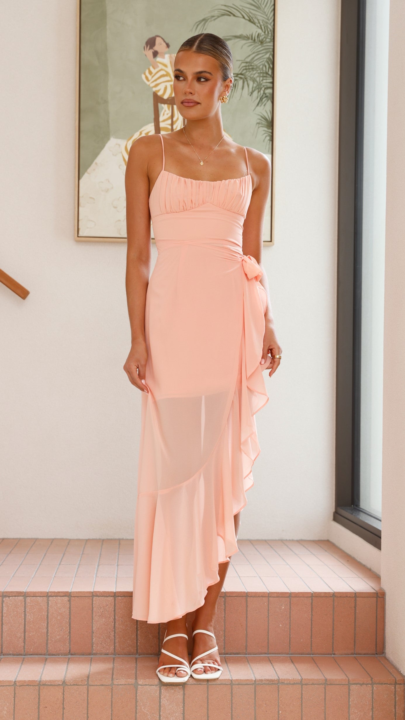 Caliste Midi Dress in Peach - Flowy Summer Dress for Women, Beach Wedding Guest Outfit & Casual Daywear
