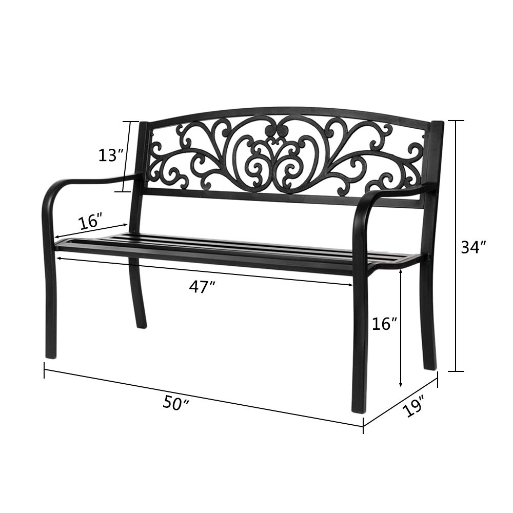VINGLI 50 Inch Outdoor Metal Bench - Heavy Duty Powder Coated Cast Iron Steel Garden Bench for Patio, Yard, Lawn, Deck & Entryway - Weather Resistant Black Outdoor Furniture for Relaxing & Decorating