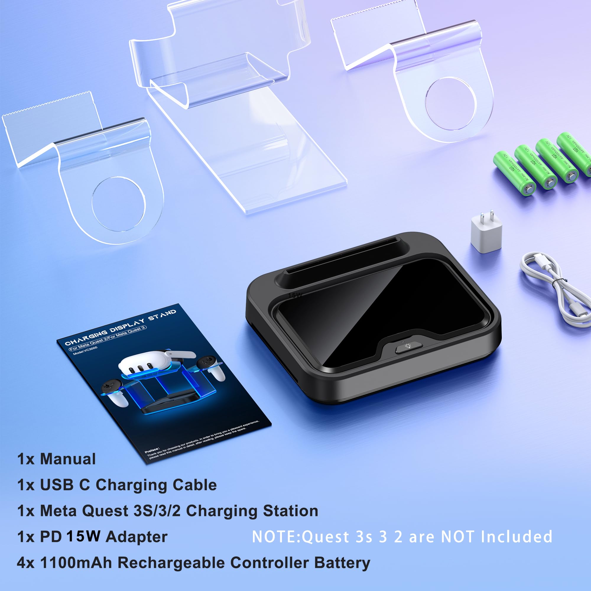 Fast Charging Dock Station for Meta Quest 3/3S/2 & Oculus Quest 2 with 4 Rechargeable Batteries, LED Indicator & USB-C Cable - VR Headset Display Stand & Controller Charger for Gaming, Entertainment & Virtual Reality Experiences