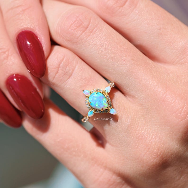 Blue Fire Opal Engagement Ring - 14K Yellow Gold Vermeil for Women | Elegant Wedding, Anniversary & Promise Ring | Perfect for Proposals & Special Occasions