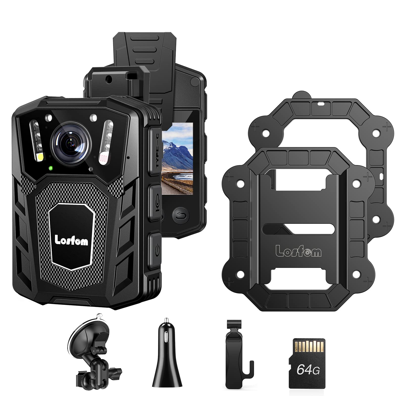 Losfom 64GB Body Camera Bundle with Magnetic Mount - Universal Strong Magnet Clip, Car Charger, Suction Cup & Rotating Clip for Police, Security & Outdoor Activities