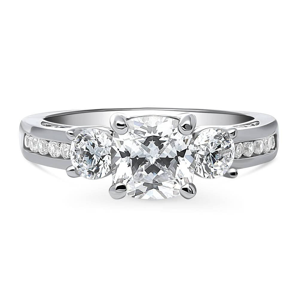 BERRICLE Sterling Silver 3-Stone Wedding & Engagement Ring - 1.5 Carat Cushion Cut Cubic Zirconia CZ Promise Ring for Women, Rhodium Plated, Size 4-10 - Perfect for Proposals, Anniversaries & Special Occasions