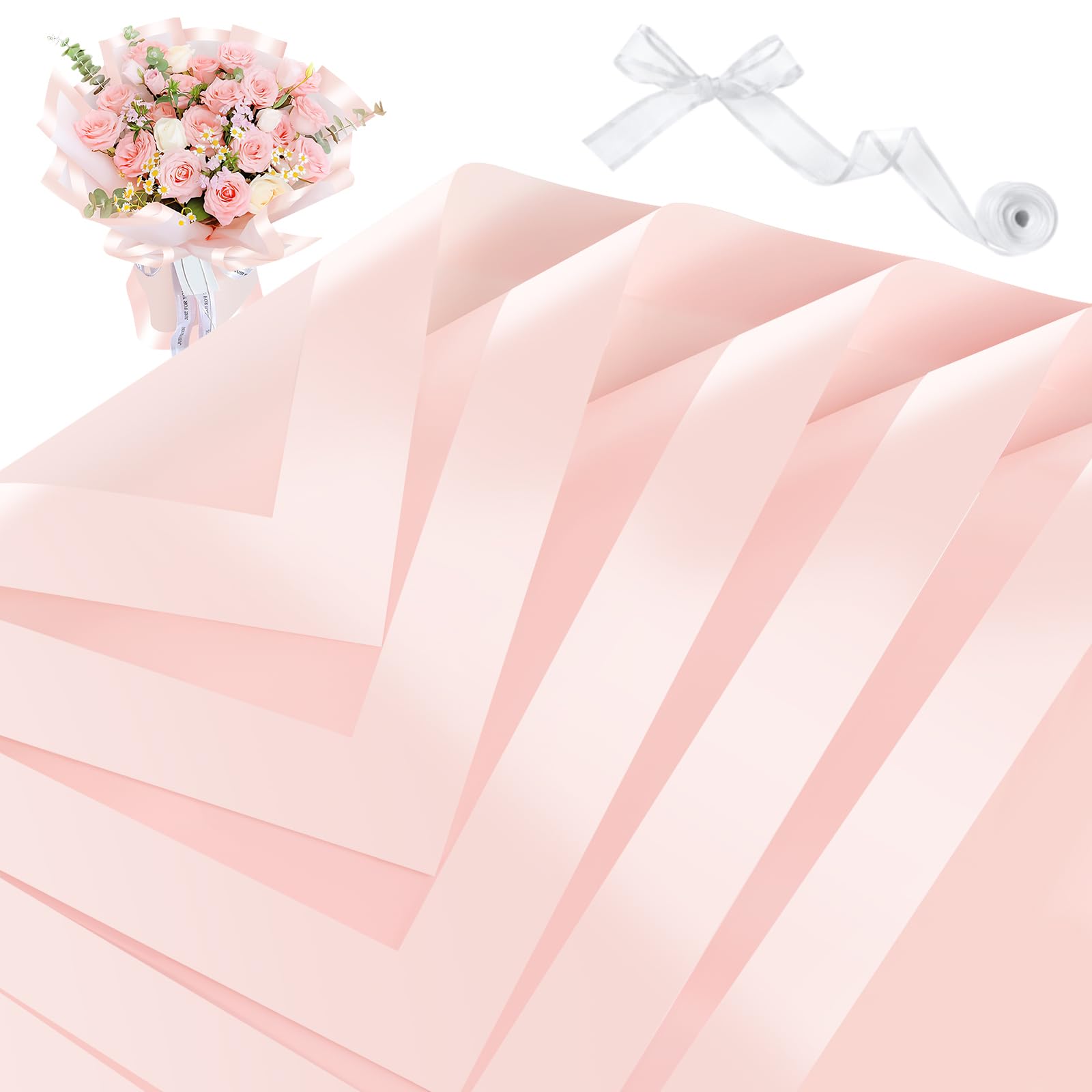 Premium 20 Sheets Flower Bouquet Wrapping Paper Set - Pearlescent Edge Floral Wrap with Ribbons, Waterproof Gift Wrapping Paper for Florist Supplies, 22.8