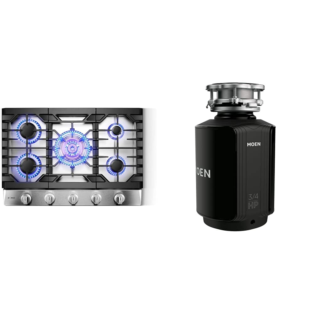 FOTILE GLS30501 30-Inch Stainless Steel 5-Burner Gas Cooktop & Moen GXS75C Host Series 3/4 HP Continuous Feed Garbage Disposal with Sound Reduction - Perfect for Modern Kitchens and Home Renovations