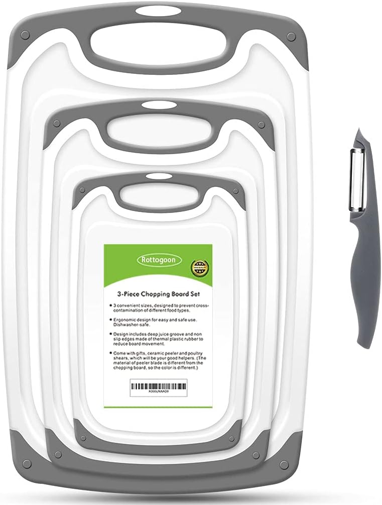 4-Piece Non-Slip Kitchen Cutting Board Set with Easy-Grip Handles & Bonus Knife - Durable Chopping Boards for Meat, Vegetables, Fruits - Perfect for Home Cooking, Meal Prep & Professional Kitchens