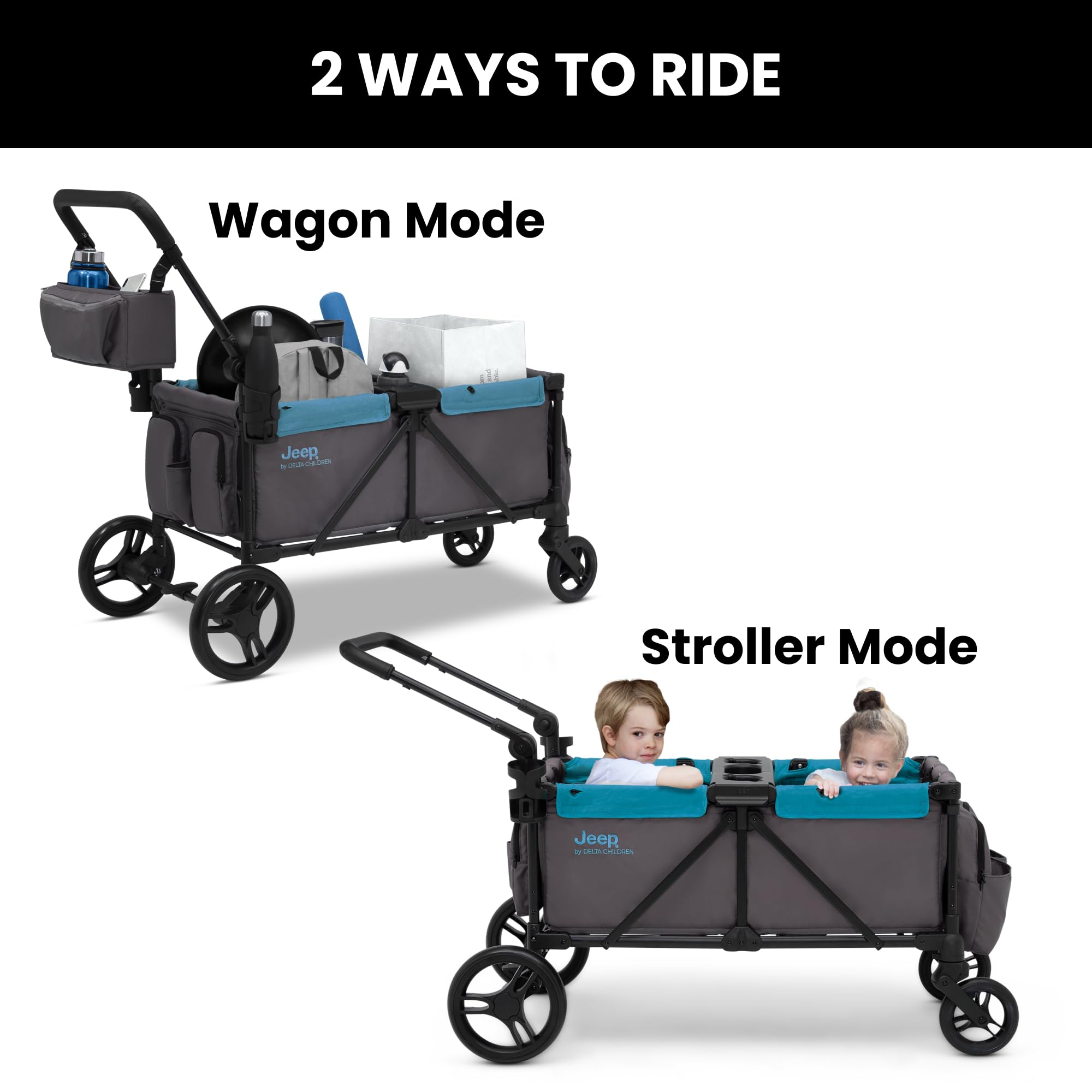 Delta Children Jeep Sport All-Terrain Stroller Wagon with Canopy, Parent Organizer & Snack Tray - Adjustable Handlebar, Cup Holders - Grey/Blue Moon - Perfect for Outdoor Adventures, Beach Trips and Family Outings