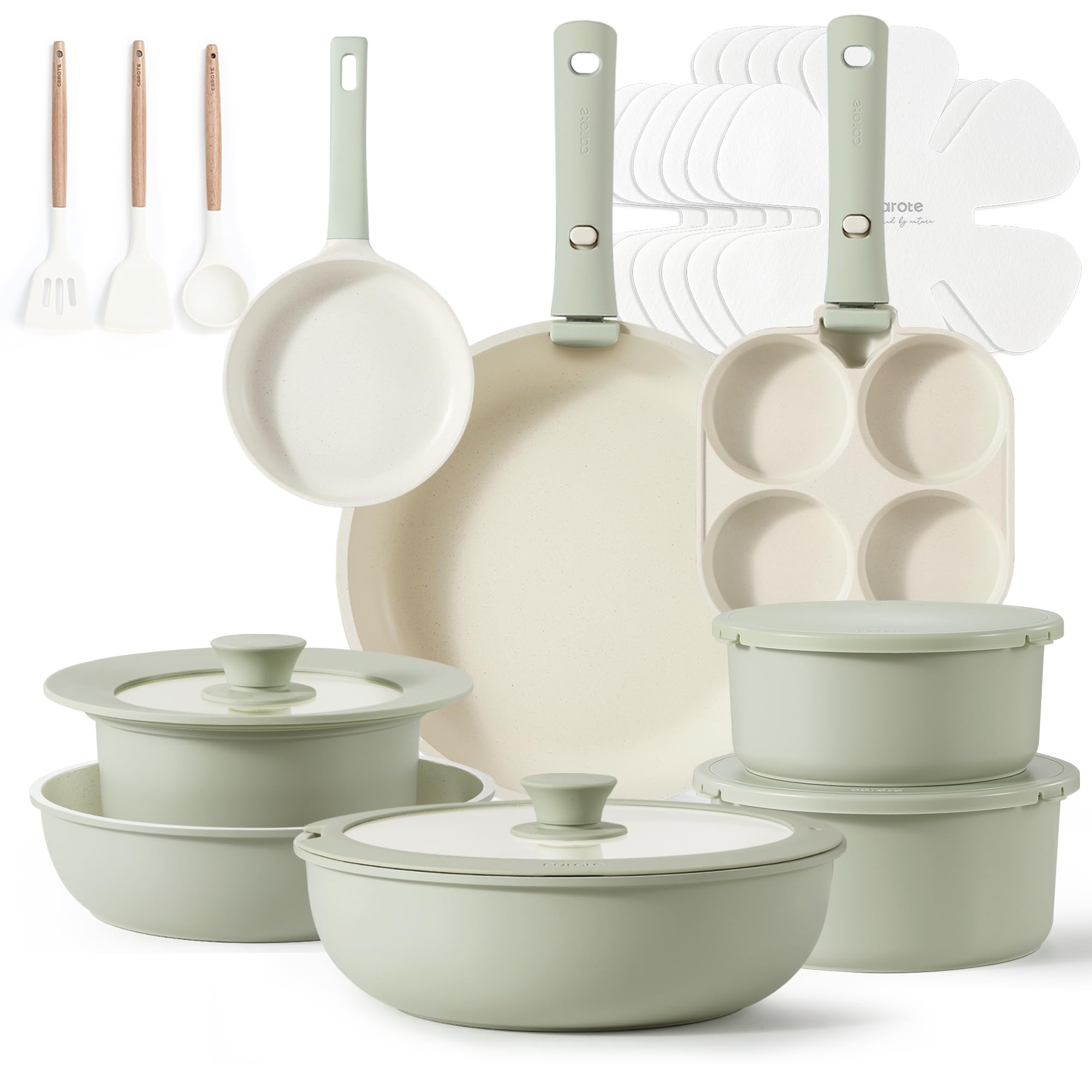 CAROTE 23-Piece Nonstick Cookware Set - Oven/Dishwasher/Induction Safe Pots and Pans with Detachable Handle - Space Saving Kitchen Set for RV, Apartment & Home Cooking (Green)