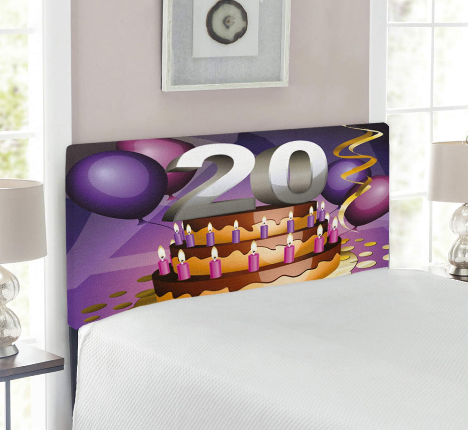 Ambesonne 20th Birthday Headboard - Cartoon Style Birthday Cake with Chocolate Frosting & Candles - Upholstered Decorative Metal Bed Headboard with Memory Foam - Twin Size Multicolor - Perfect for Teen Bedrooms, Dorm Decor & Birthday Gift Ideas