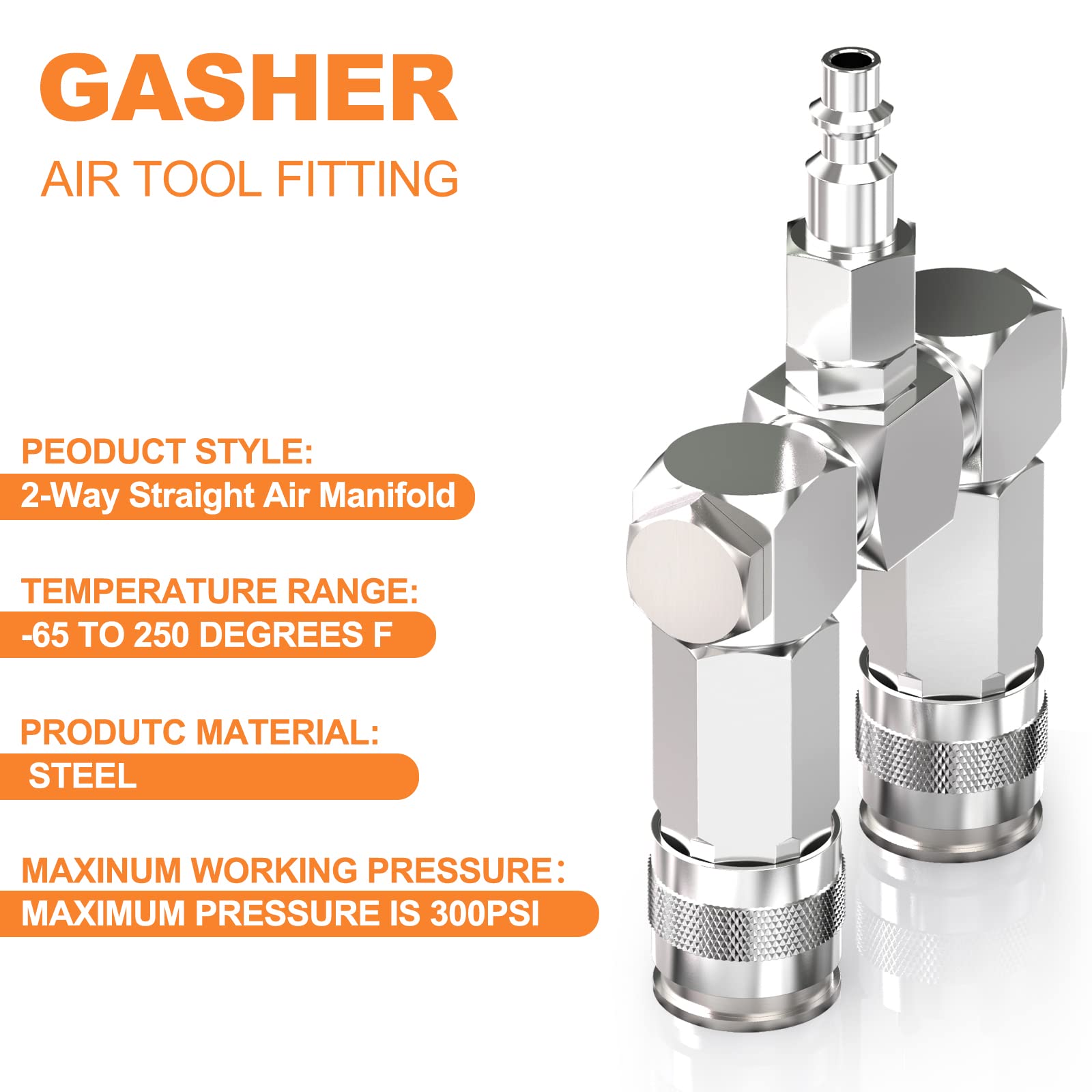 GASHER 2-Way Air Manifold - 3 Port Steel Industrial Pneumatic Air Compressor Quick Connect Swivel 360° Hose Splitter with 2 Couplers & 1/4