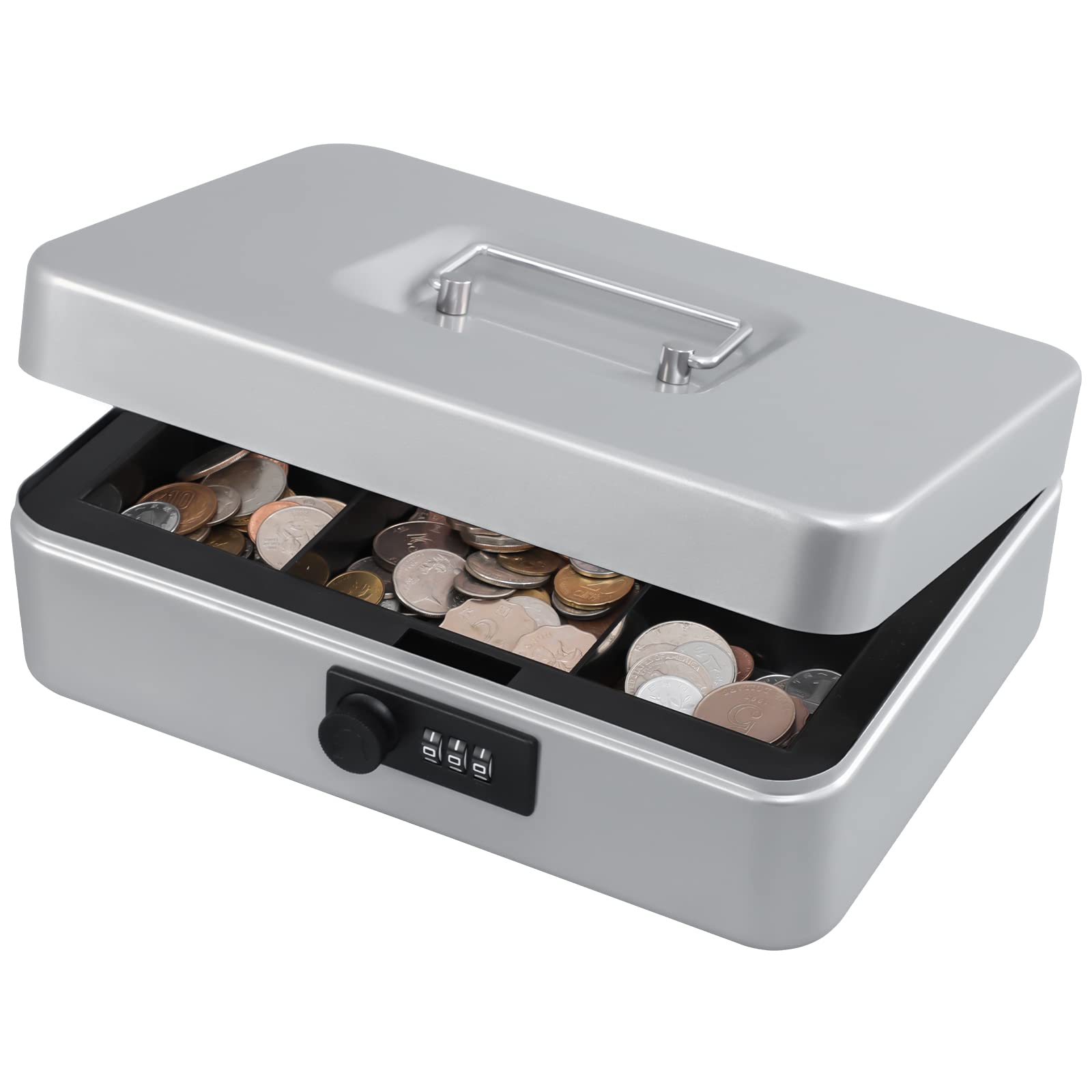KYODOLED Medium Cash Box with Combination Lock - 7.87x6.30x3.54 Inch Metal Money Safe with Tray, Light Grey | Secure Storage for Home, Office, Retail & Events