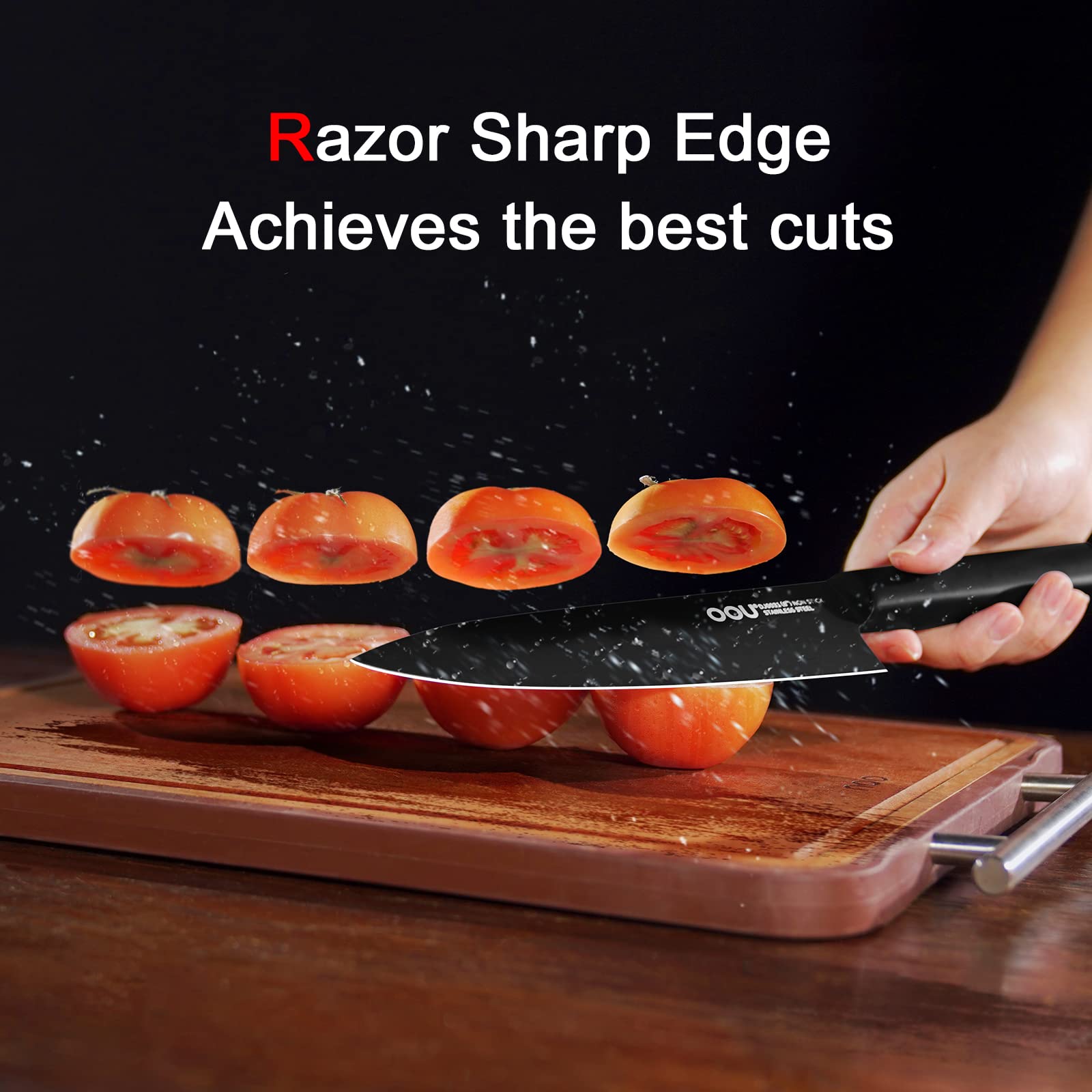 OOU 15-Piece High Carbon Stainless Steel Kitchen Knife Block Set - Professional Chef Knives with Anti-Rust Black Blades & Built-in Sharpener, Walnut Wood Stand - Perfect for Home Cooking, Restaurant Use & Gift Giving