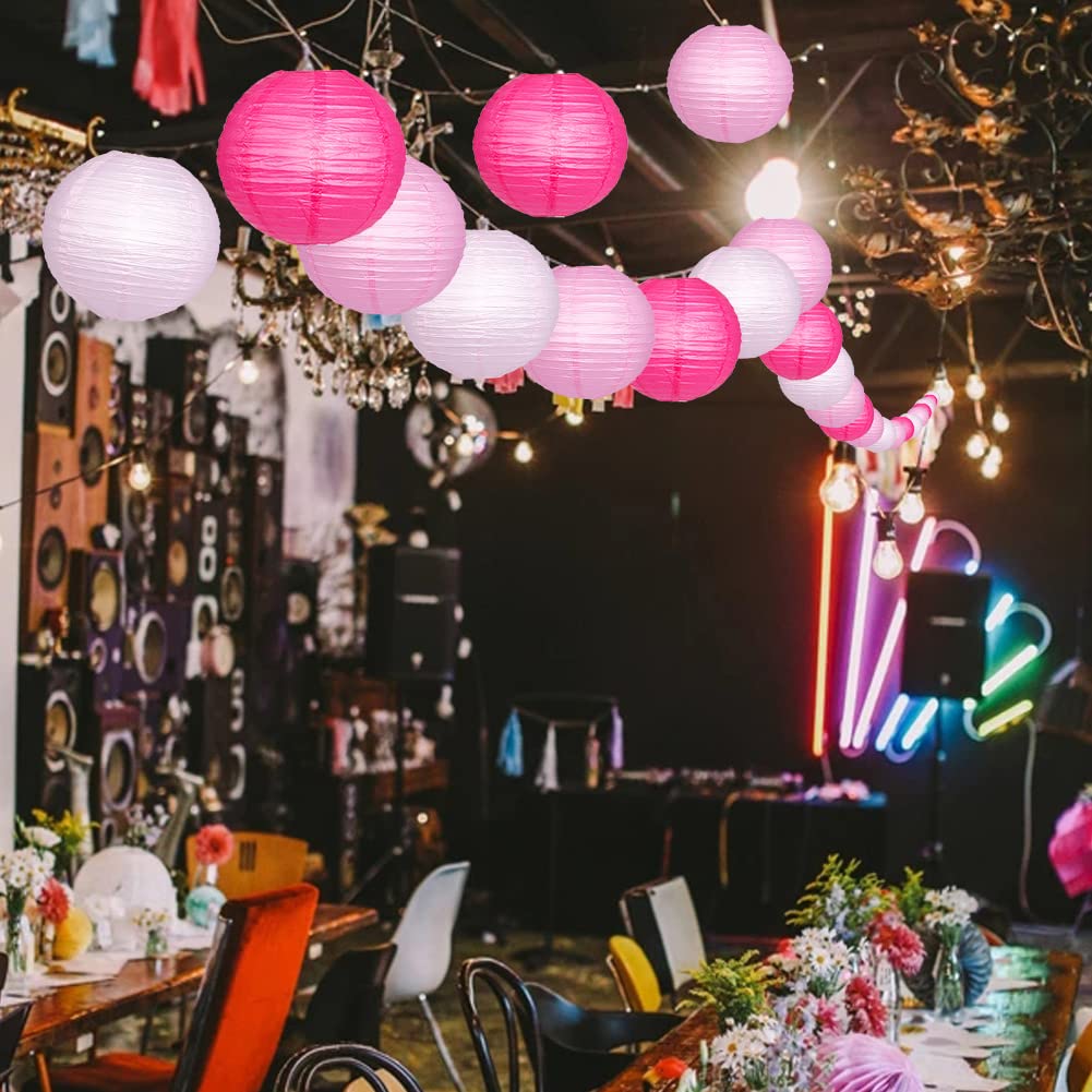 12 Pack Pink LED Chinese Paper Lanterns with Lights - Hanging Round Decorative Lanterns for Engagement, Bachelorette, Birthday Party & Wedding Decor | Indoor/Outdoor Event Lighting