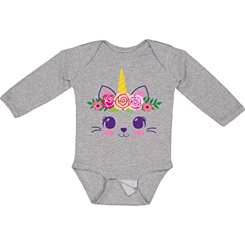 Inktastic Cute Unicorn Cat Face with Flowers Long Sleeve Baby Bodysuit - Soft Cotton Onesie for Newborns & Infants, Perfect for Playtime, Photo Shoots & Gifts