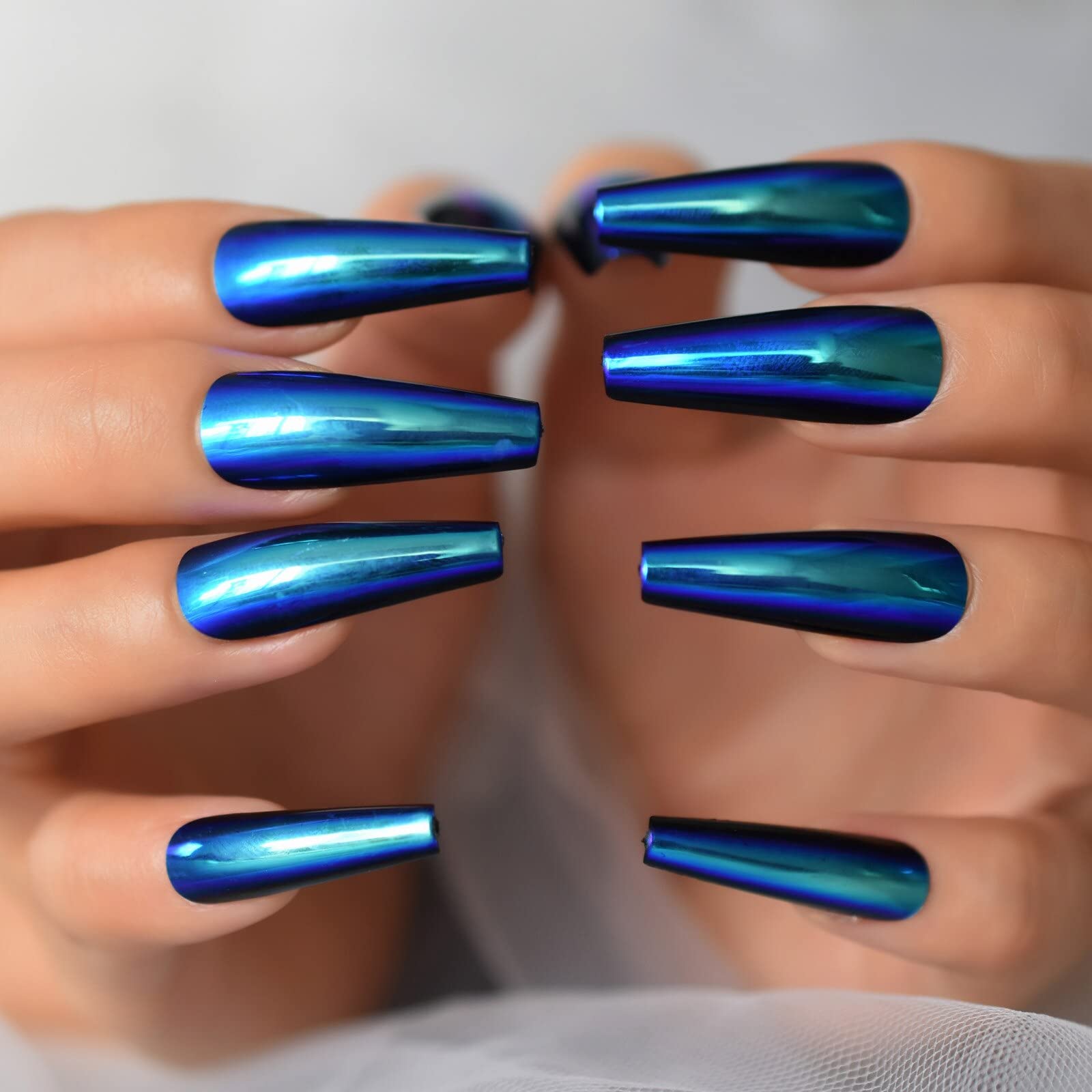 Chrome Metallic Blue Press On Nails - Extra Long Coffin Ballerina Fake Nails Set with Mirror Finish | Acrylic False Nails for Women | Perfect for Parties, Weddings & Special Occasions
