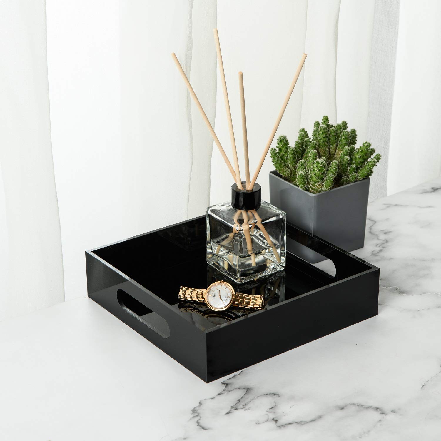 Black Sturdy Acrylic Tray with Handles - 8x8 Inch Kitchen Countertop Organizer - Bathroom & Office Storage Box for Cosmetics, Jewelry, Toiletries, Toys & Gadgets - Perfect for Vanity, Dresser & Closet Organization