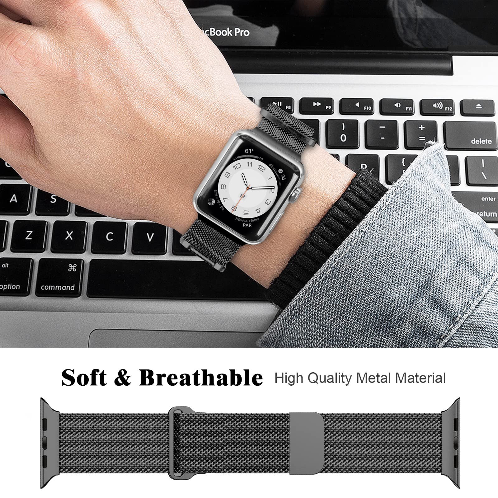 Premium Stainless Steel Milanese Loop Band for Apple Watch 45mm - Magnetic Mesh Strap Compatible with iWatch Series 10/9/8/7/6/5/4/3/2/1/SE - Adjustable Luxury Replacement Watch Band for Women & Men (Black) - Perfect for Workouts, Office & Everyday Wear