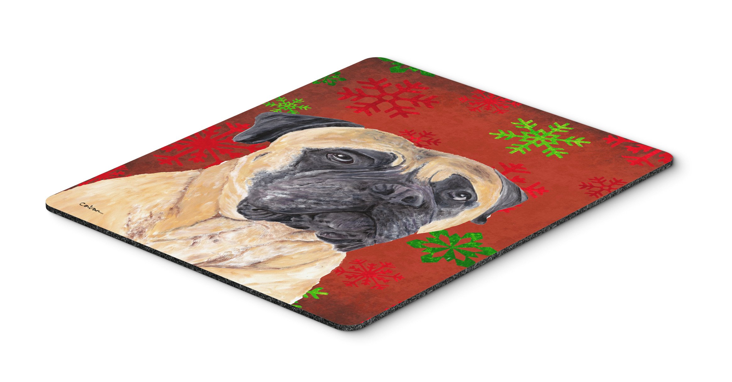 Caroline's Treasures SC9425MP Mastiff Red and Green Snowflakes Holiday Christmas Mouse Pad - Large Washable Non-Slip Desk Mat for Home Office, Gaming, Computer & Laptop Use - Perfect Gift for Pet Lovers & Christmas Decor