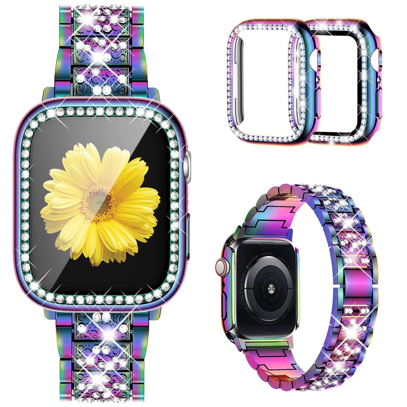 Mesime Compatible Apple Watch Band 38mm 40mm 41mm 42mm 44mm 45mm 46mm with Screen Protector Case - 2 Pack Jewelry Replacement Bands for iWatch Series 10/9/8/7/6/5/4/3/2/1/SE - Perfect for Women's Fashion, Workout Protection & Daily Wear