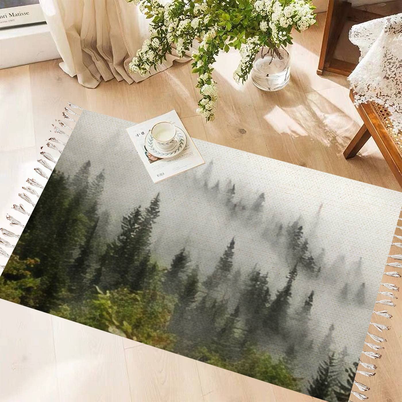Vintage Cotton & Linen Tassel Rug - Misty Beech Forest Mountain Slope Design - Washable Boho Area Rug for Kitchen, Bathroom, Outdoor & Living Room Decor - Nature-Inspired Woven Runner Mat