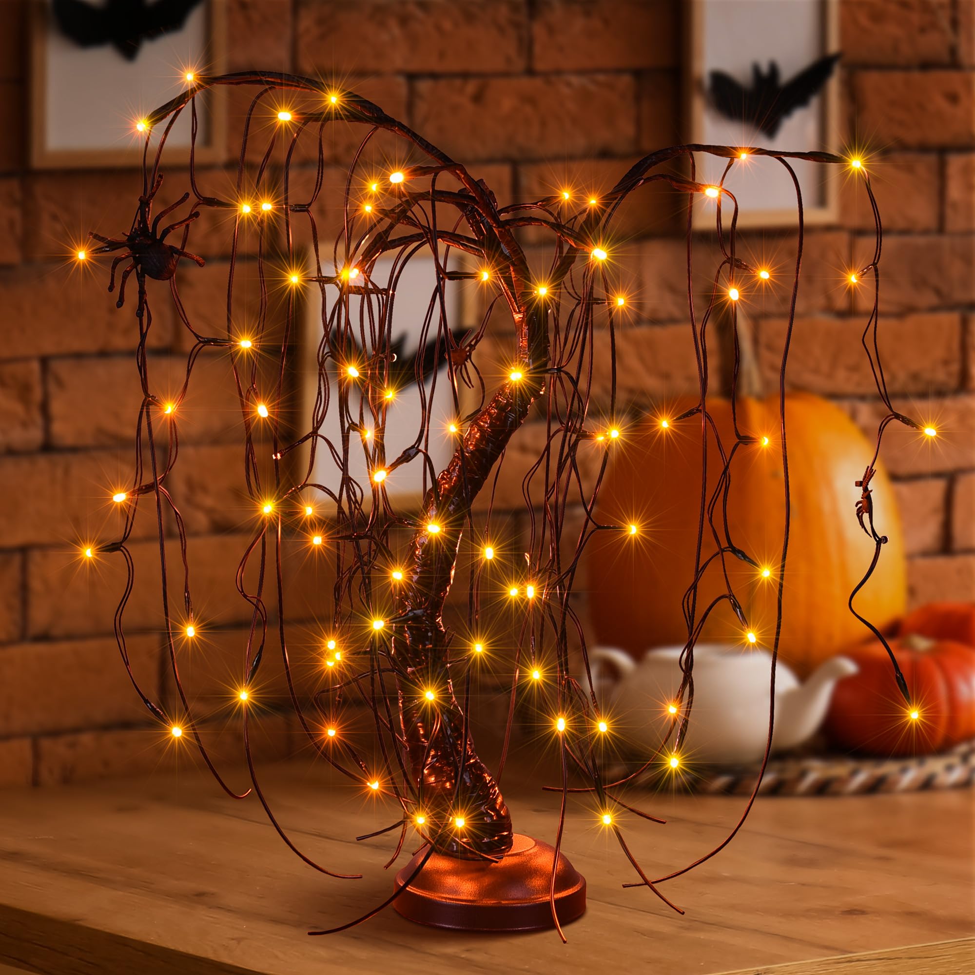 24 Inch Halloween LED Lighted Willow Bonsai Tree - 80 Orange Lights, Tabletop/Desk Lamp with 4 Spiders - Plug-in & Battery Powered - Perfect for Christmas, Nativity, Party & Home Decor