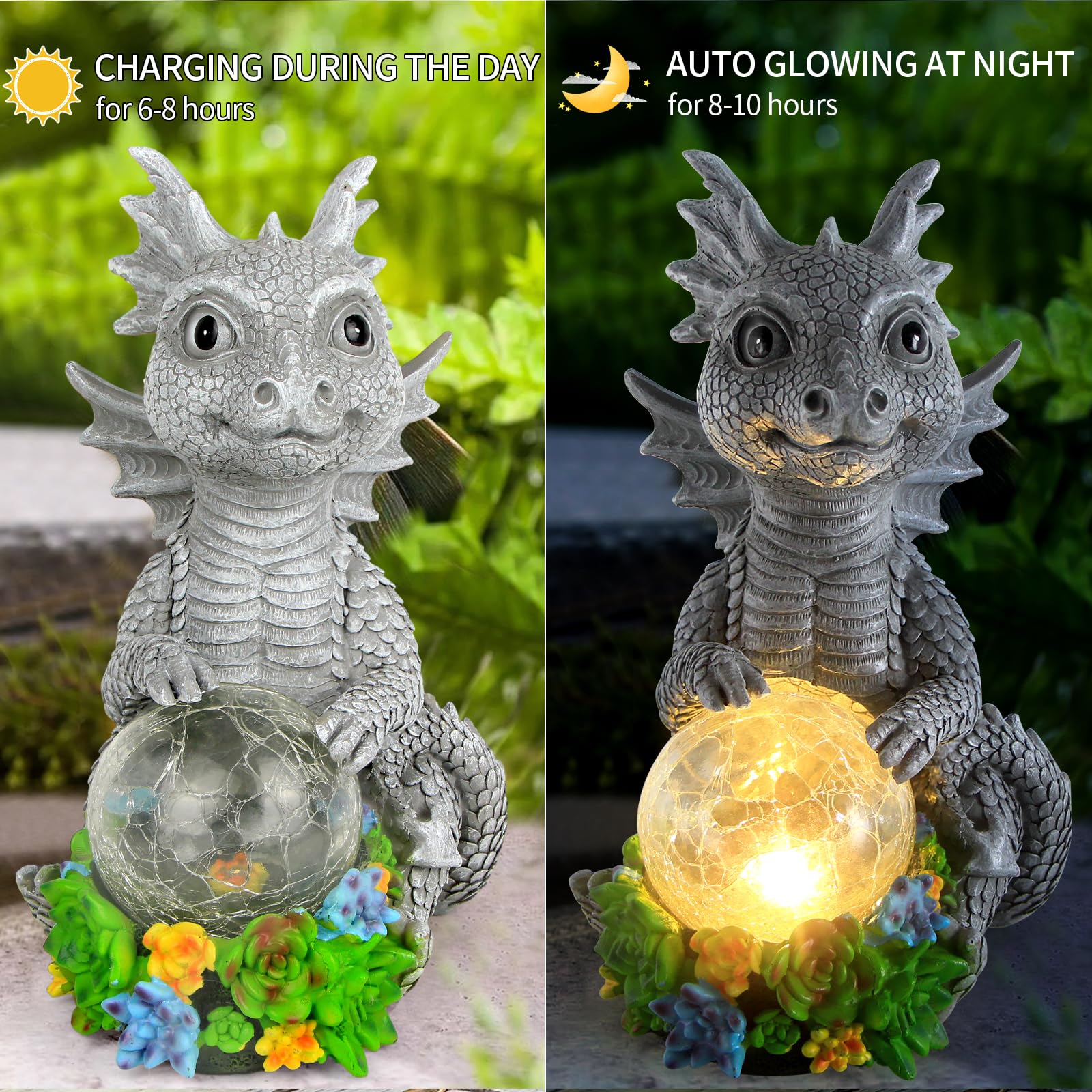 Solar LED Dragon Garden Statue Holding Magic Orb - Outdoor Lawn Decor for Patio, Balcony, Yard | Unique Gift for Mom & Grandma | Perfect for Nighttime Garden Lighting & Holiday Decorations
