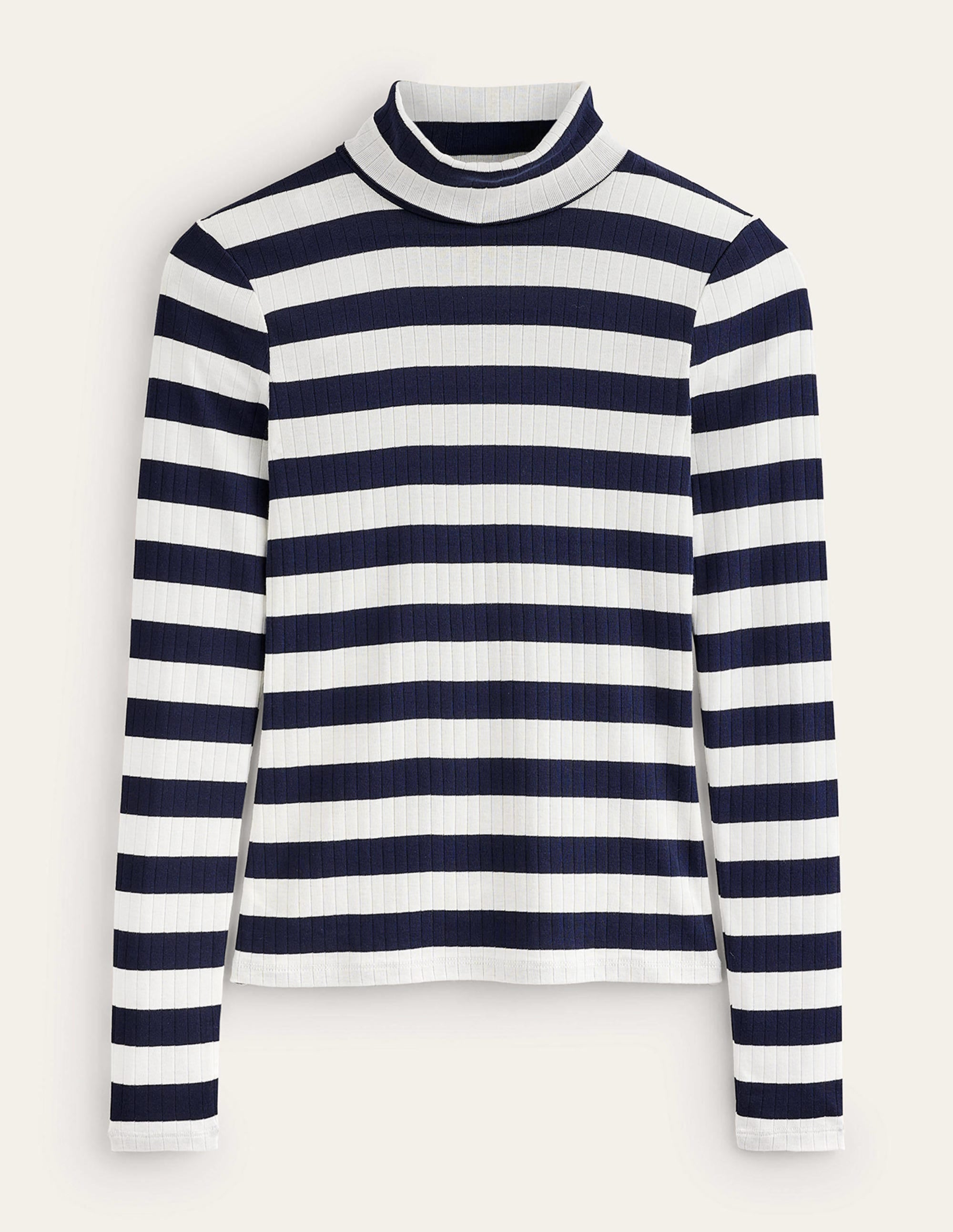 Anna Rib Roll Neck Top - Navy & Ivory - Women's Casual Knit Sweater for Fall & Winter Layering