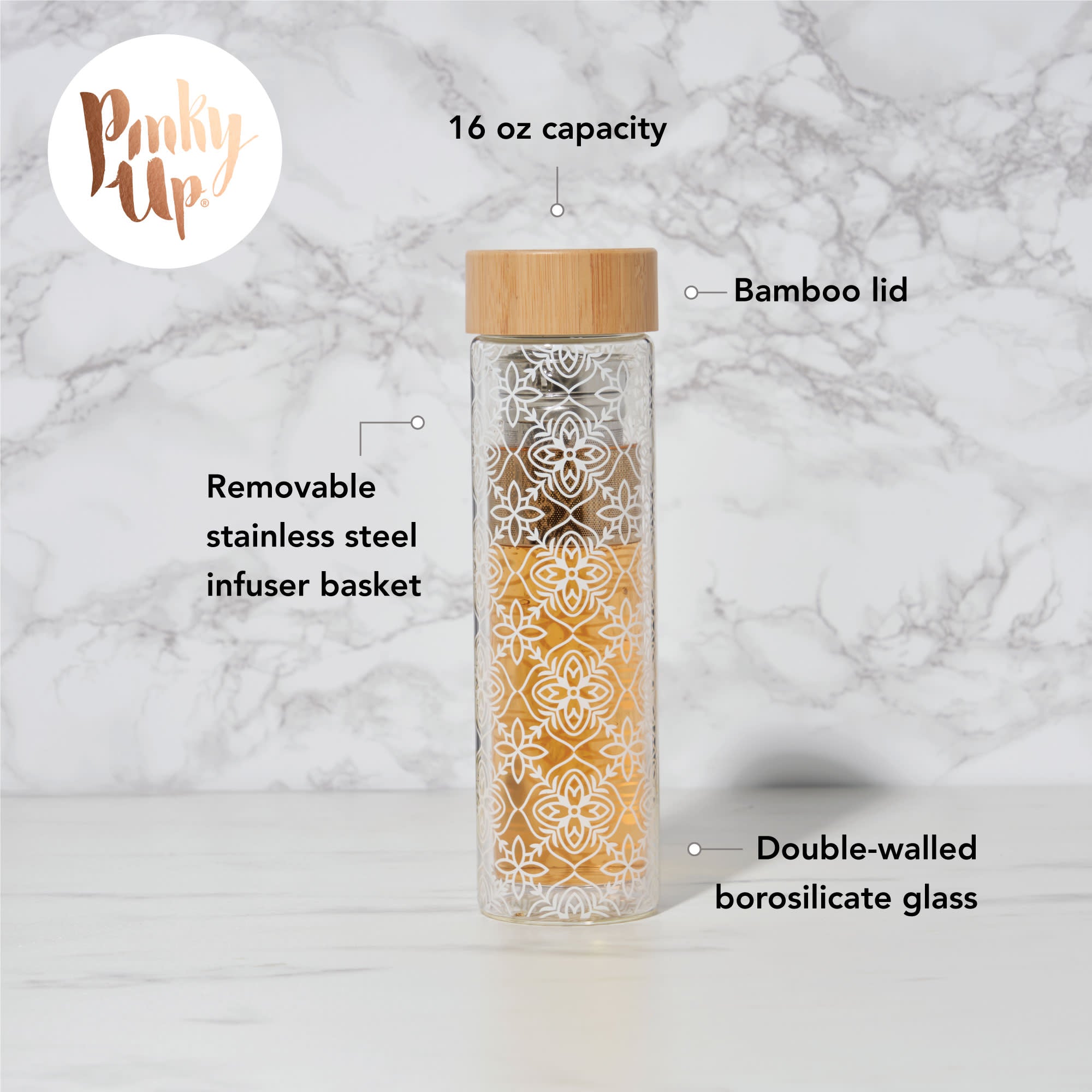 Premium Marrakesh Glass Travel Infuser Mug - Leak-Proof Tea & Coffee Tumbler with Removable Strainer - Perfect for Office, Commuting & Outdoor Adventures