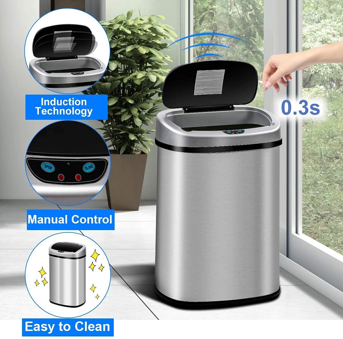 13 Gallon Automatic Stainless Steel Trash Can with Motion Sensor - Touch-Free Kitchen Garbage Bin with Lid for Home, Office, Living Room & Bedroom - Ideal for Hands-Free Waste Disposal & Hygienic Spaces