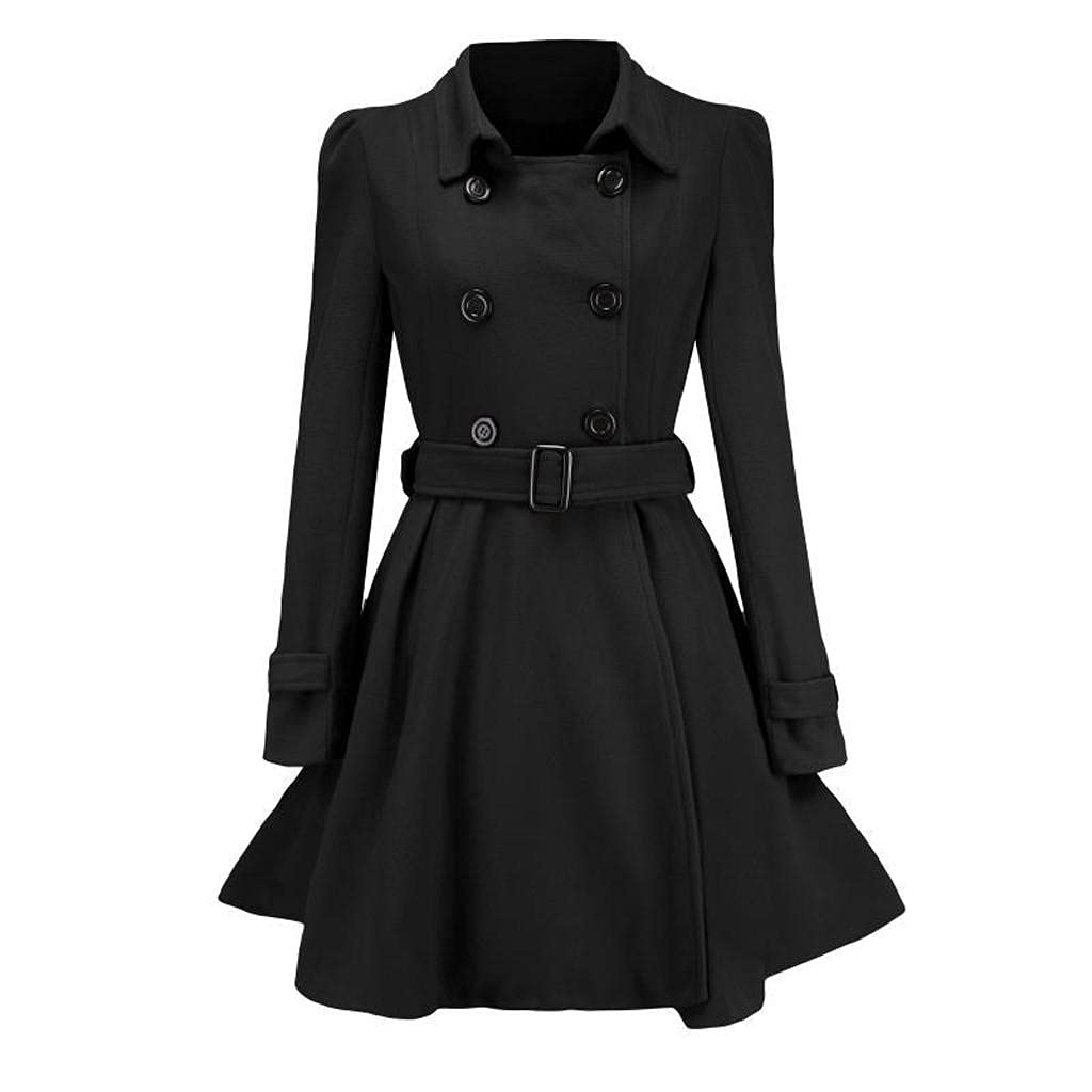 Women's Double Breasted Wool Pea Coat with Belt - Mid-Length Swing Trench Coat for Spring & Fall - Elegant Lapel Outerwear for Work, Dating & Office Wear
