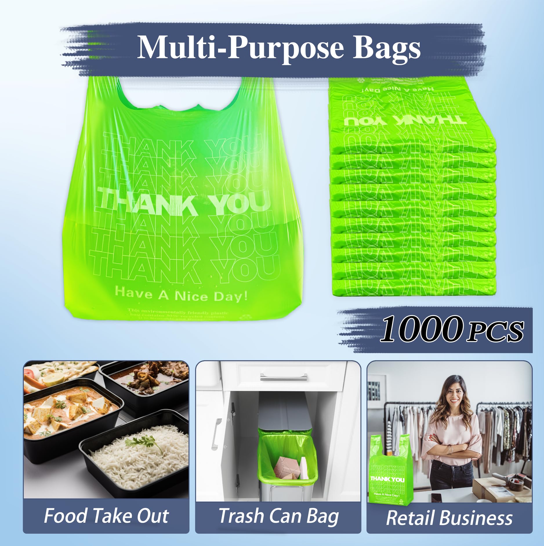 1000PCS Eco-Friendly Green Thank You Bags | Reusable & Disposable T-Shirt Bags for Grocery, Takeout & Retail | Perfect for Small Businesses, Restaurants & Stores | Bulk Pack of Durable Plastic Shopping Bags for Everyday Use