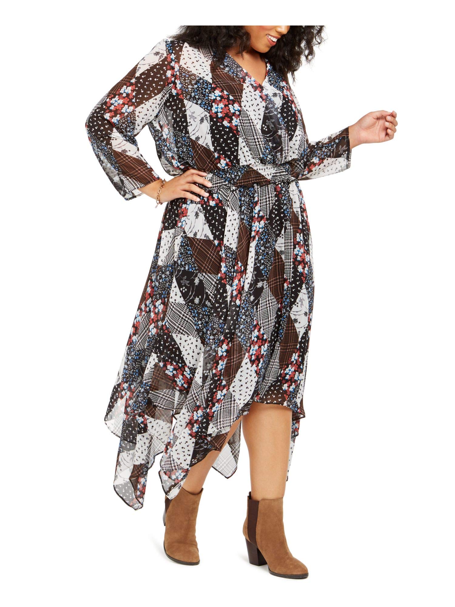 Tommy Hilfiger Women's Black Printed Long Sleeve V-Neck Maxi Sheath Dress Size 0X - Elegant Evening Wear for Parties, Weddings & Special Occasions