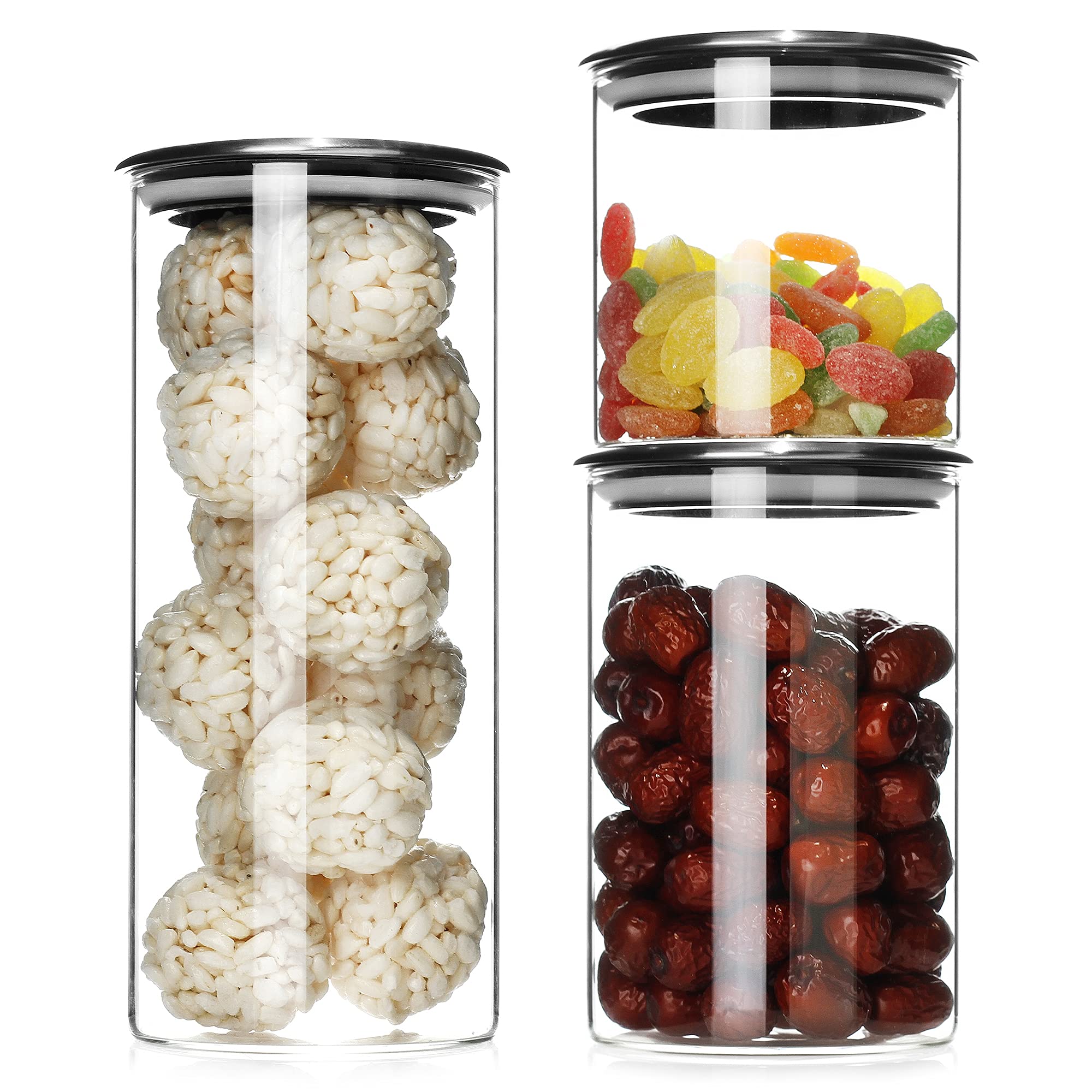 **20oz/33oz/54oz Glass Food Storage Containers Set of 3 - Airtight Kitchen Canisters with Stainless Steel Lids for Sugar, Candy, Cookies, Rice & Spices - Perfect for Pantry Organization, Baking Supplies & Meal Prep**
