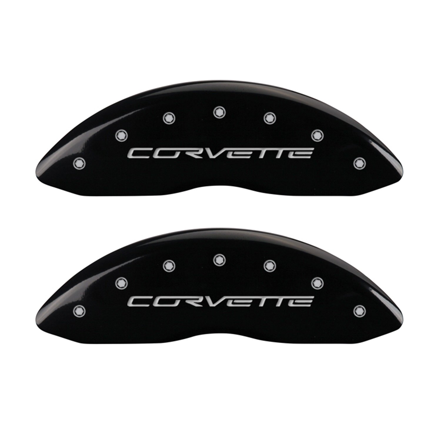 High-Performance MGP Brake Caliper Covers for Chevrolet Corvette 2005-2013 - Black Powder Coat with Silver Engraved Corvette Logo - Front & Rear Set of 4 - Perfect for Car Shows, Racing & Street Style Enhancement