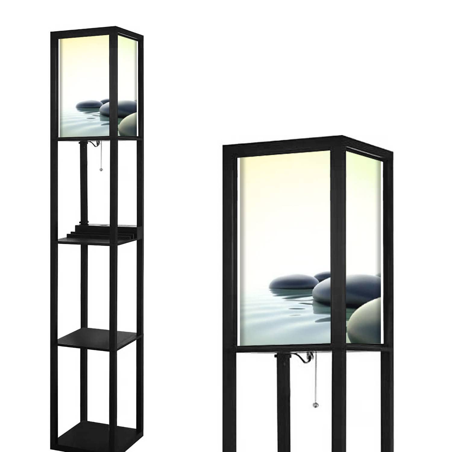 Modern Zen Stones in Water Floor Lamp with Shelves, USB Ports & Power Outlet - Linen Fabric Shade Tall Corner Standing Lamp for Living Room, Bedroom | Perfect for Reading Nook, Meditation Space & Cozy Home Decor