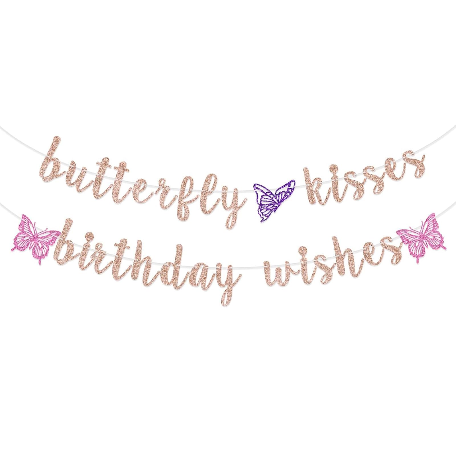 Butterfly Kisses Birthday Banner - Rose Gold First Birthday Party Decorations for Girls, Baby Shower & Birthday Celebrations