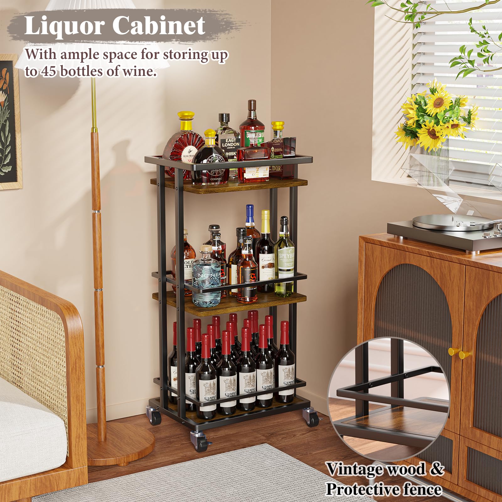 3-Tier Rolling Bar Cart with Wheels - Portable Mini Liquor Cabinet for Wine, Beverage & Coffee Storage - Kitchen Island Serving Cart for Dining Room, Living Room & Party Use - Espresso Brown Home Bar Furniture (Perfect for Entertaining, Small Space Storage & Mobile Drink Service)